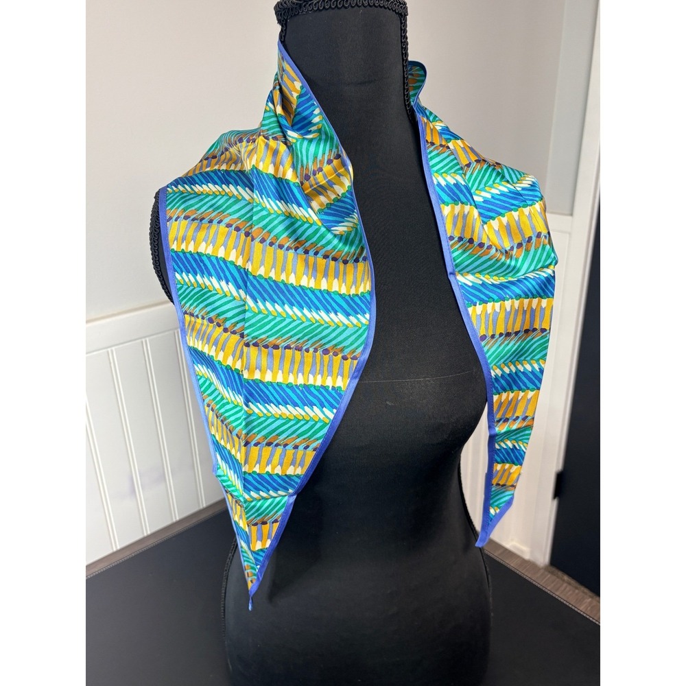Talbots Women 100% Silk Scarf Blue Green Yellow Geometric Chevron Tapered 44x14